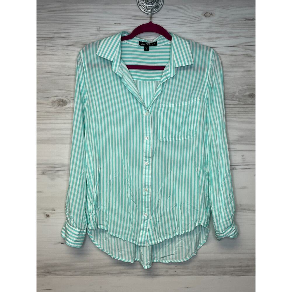Velvet Heart Womens Button Down Shirt Aqua Striped‎ High Low Hem Top Size S